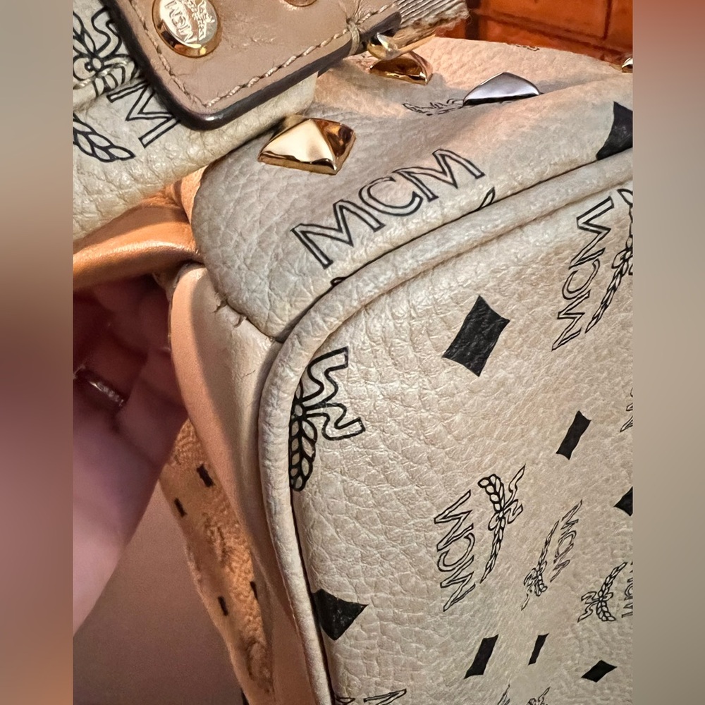 MCM Beige Visetos Silver and Gold Pyramid Studded Backpack with Dust Bag - Picture 15 of 16